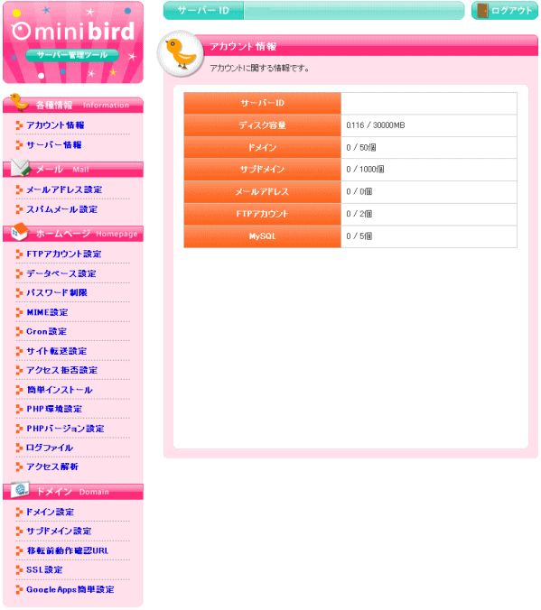 ミニバード(minibird)のコントロールパネル